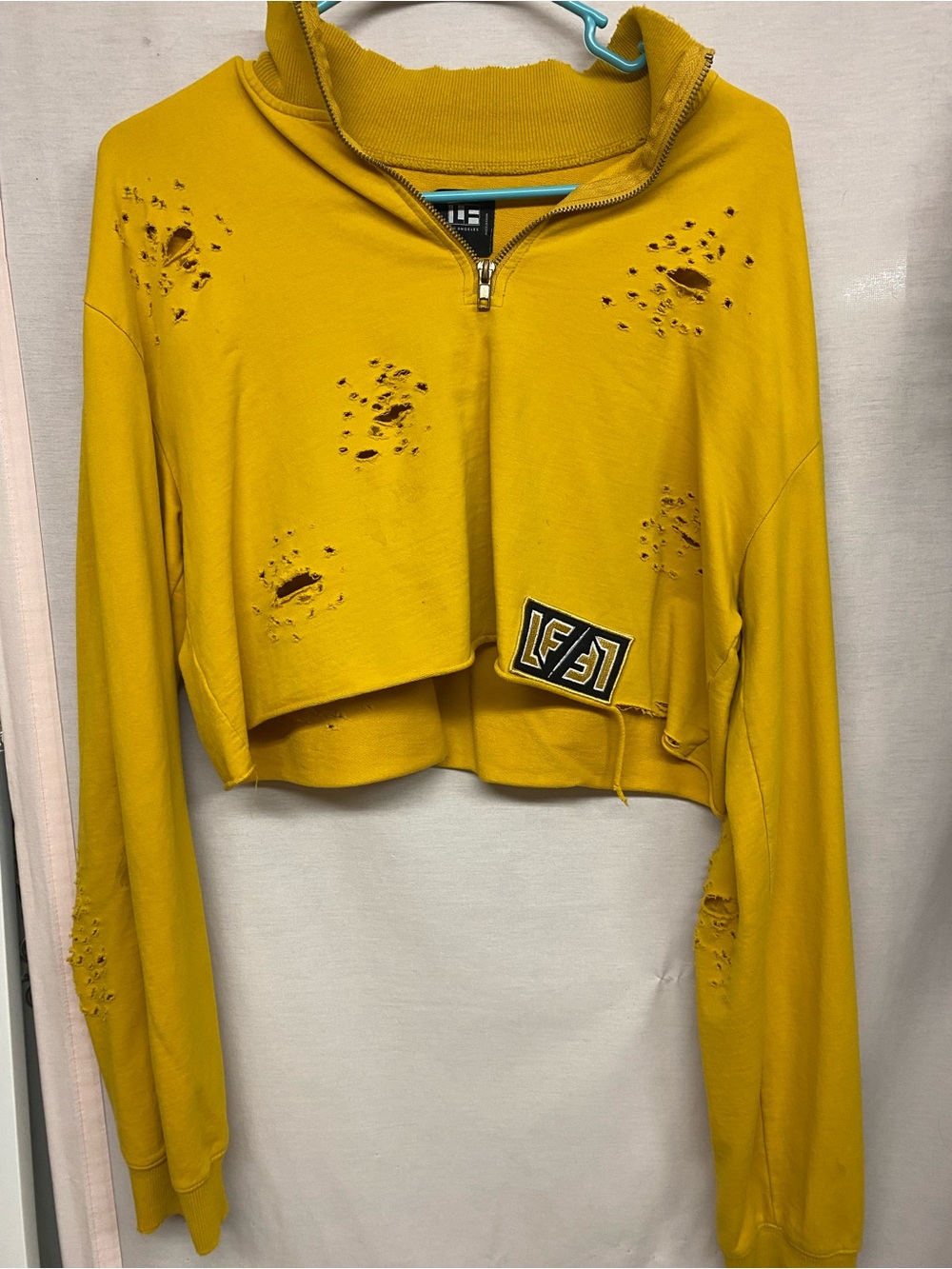 LF Yellow Distressed Cropped Quarter-Zip Sweatshirt